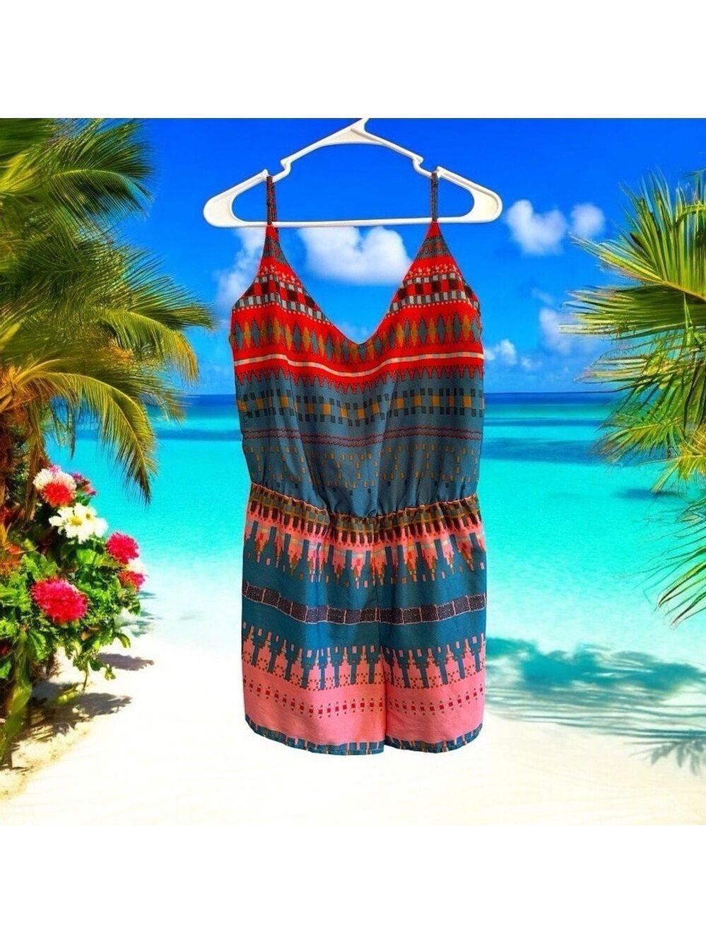 Zara Trafaluc Romper Womens Medium V-Neck Bright Colorful Lightweight Beach